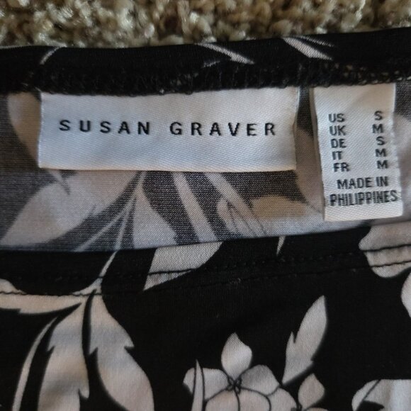 Small Susan Graver Sleeveless Tank Top Liquid Knit Black and White Floral - Picture 3 of 9